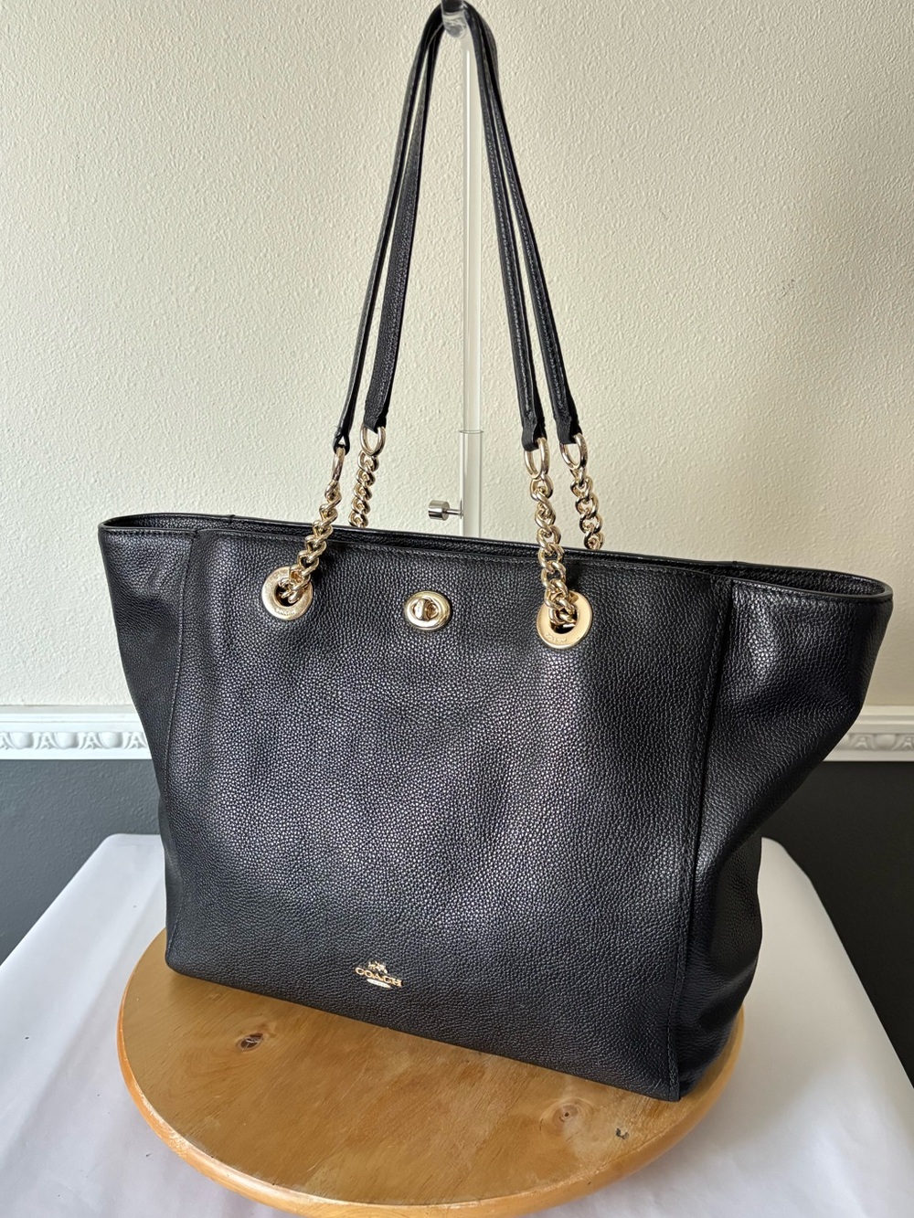 Coach Turnlock Black Pebbled Leather Large Tote  Bag with Gold Chain Handles